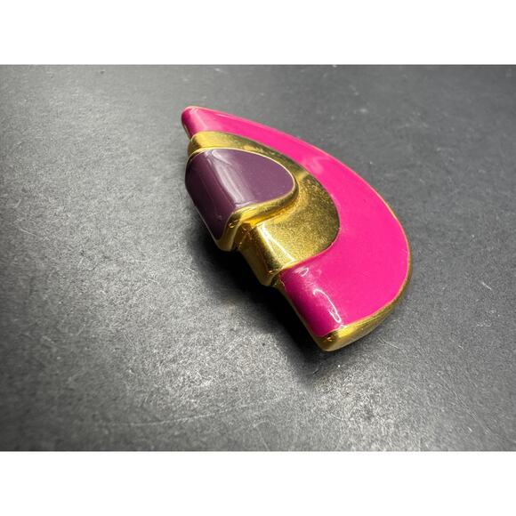 Vintage Monet Geometric Pink & Purple Enamel Gold Tone Brooch Pin 80s Art Deco - Picture 4 of 8